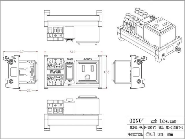 Alt view image 5 of 7 - DIN Rail Mount AC 120V NEMA 5-15R Single Receptacle Outlet Power Strip Module, with Rocker Switch Thermal Circuit Breaker Overload Protector