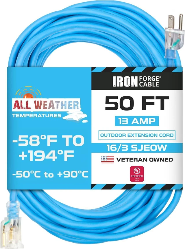 Main image of Iron Forge Cable 50 Ft All Weather Extension Cord - Stays Flexible in Extreme Cold & Hot Temperatures from -58°F to +194°F - 16/3 SJEOW Lighted Outdoor Extension Cord