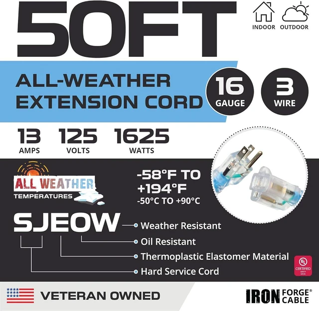 Alt view image 2 of 7 - Iron Forge Cable 50 Ft All Weather Extension Cord - Stays Flexible in Extreme Cold & Hot Temperatures from -58°F to +194°F - 16/3 SJEOW Lighted Outdoor Extension Cord
