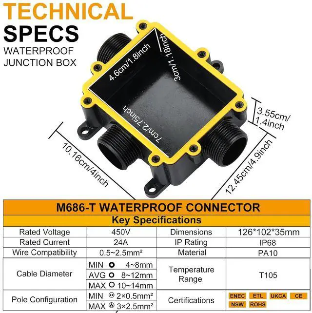Alt view image 4 of 7 - IP68 Waterproof Junction Box,t-Shape 3-Way Waterproof Splice Box Outdoor with 3 Cable M25 Gland Wire Connector Electrical Junction Box for 4-12mm Diameter Cable, Black 5Pack