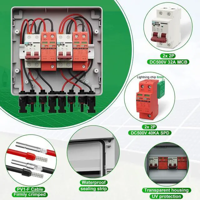 Alt view image 3 of 7 - 2 Strings Solar Disconnect Switch 32 Amp DC 500V Circuit Breaker with Lightning Surge Protector Arrester and IP65 Waterproof PV Combiner Breaker Box 2 in 2 Out for Solar Panel System
