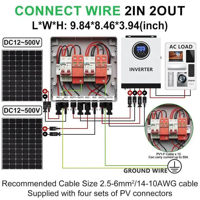 Alt view image 5 of 7 - 2 Strings Solar Disconnect Switch 32 Amp DC 500V Circuit Breaker with Lightning Surge Protector Arrester and IP65 Waterproof PV Combiner Breaker Box 2 in 2 Out for Solar Panel System