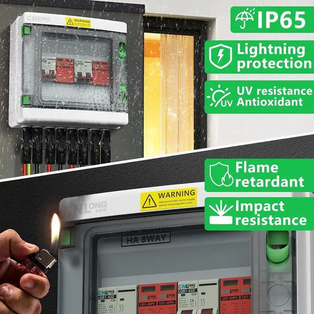 Alt view image 2 of 7 - 2 Strings Solar Disconnect Switch 32 Amp DC 500V Circuit Breaker with Lightning Surge Protector Arrester and IP65 Waterproof PV Combiner Breaker Box 2 in 2 Out for Solar Panel System