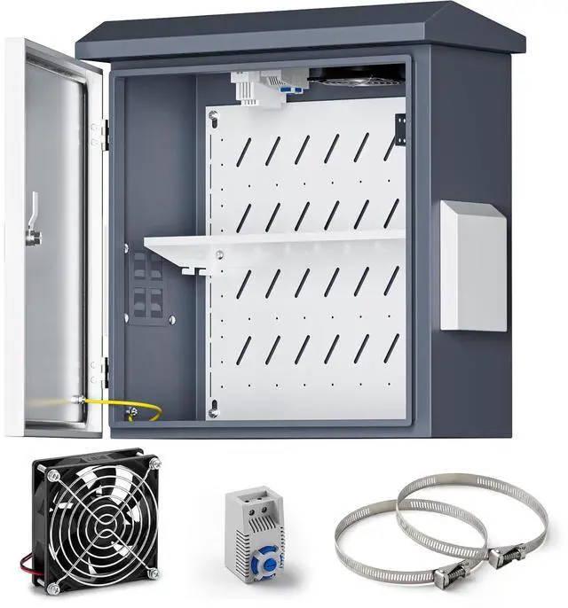 Main image of Outdoor Electrical Box with Thermostat and Fan, Heavy Duty Lockable Weatherproof Junction Enclosure for Network, Security Camera and Solar Equipment, Vented IP65 Cabinet with Wall and Pole Mount