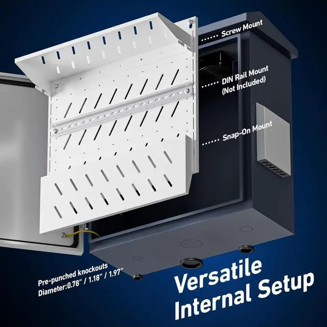 Alt view image 3 of 7 - Outdoor Electrical Box with Thermostat and Fan, Heavy Duty Lockable Weatherproof Junction Enclosure for Network, Security Camera and Solar Equipment, Vented IP65 Cabinet with Wall and Pole Mount