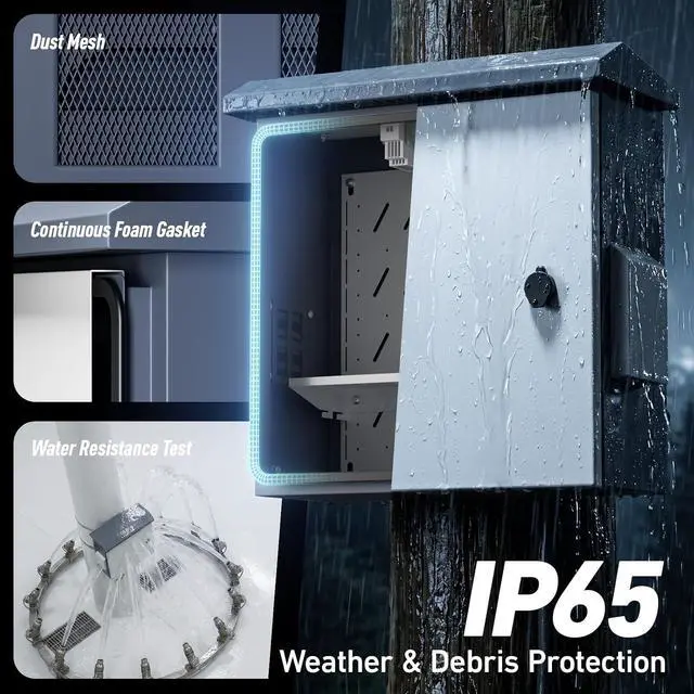 Alt view image 5 of 7 - Outdoor Electrical Box with Thermostat and Fan, Heavy Duty Lockable Weatherproof Junction Enclosure for Network, Security Camera and Solar Equipment, Vented IP65 Cabinet with Wall and Pole Mount