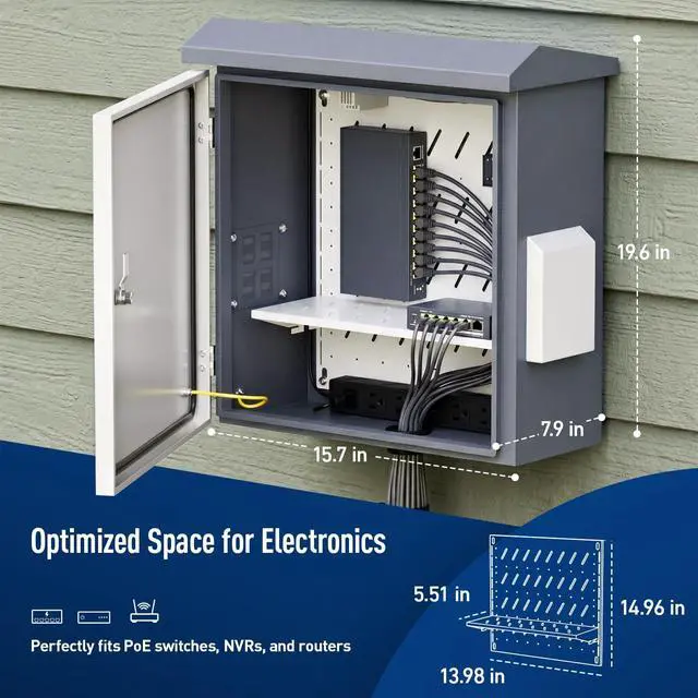 Alt view image 6 of 7 - Outdoor Electrical Box with Thermostat and Fan, Heavy Duty Lockable Weatherproof Junction Enclosure for Network, Security Camera and Solar Equipment, Vented IP65 Cabinet with Wall and Pole Mount