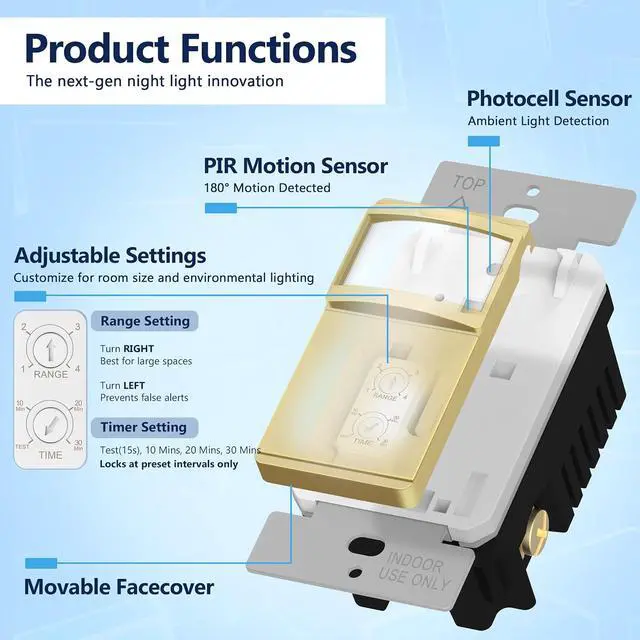 Alt view image 4 of 7 - LIDER PIR Vacancy Motion Sensor Switch with LED Guide Light, 1200 Sq. Ft. Coverage, No Neutral No Ground, Adjustable Time Delay, UL Listed, Screwless Wall Plate Included, Gold