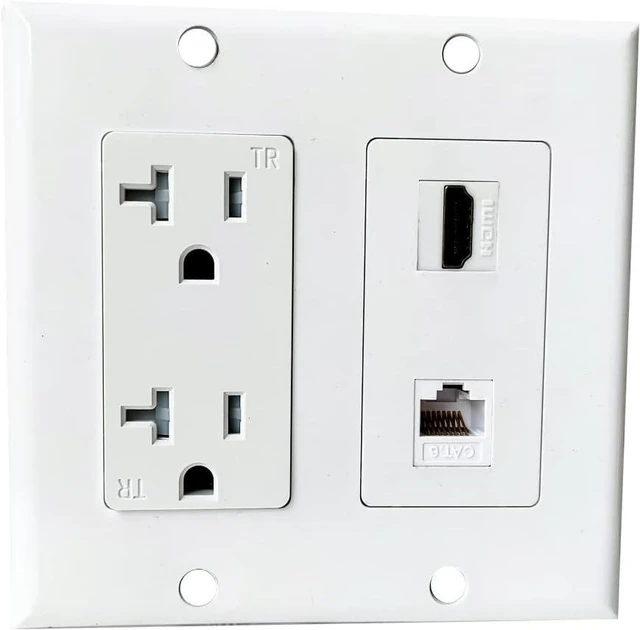 Main image of 20Amp Power Outlet with Ethernet HDMI Port Wall Plate - Electrical Outlet with 1 Port HDMI, 1 CAT6 RJ45 Cover Plate - White