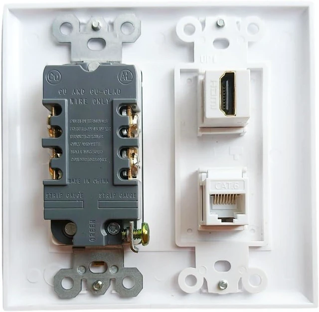 Alt view image 2 of 6 - 20Amp Power Outlet with Ethernet HDMI Port Wall Plate - Electrical Outlet with 1 Port HDMI, 1 CAT6 RJ45 Cover Plate - White