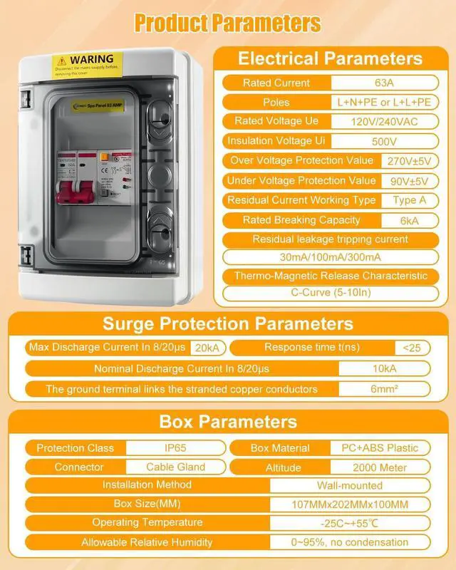 Alt view image 2 of 7 - SPA Panel Disconnect GFCI Switch, 63A Circuit Breaker Box with Surge Protection, IP66 Weatherproof Circuit Breaker Disconnect GFCI Switch for Hot Tub, Swimming Pools 120/240V