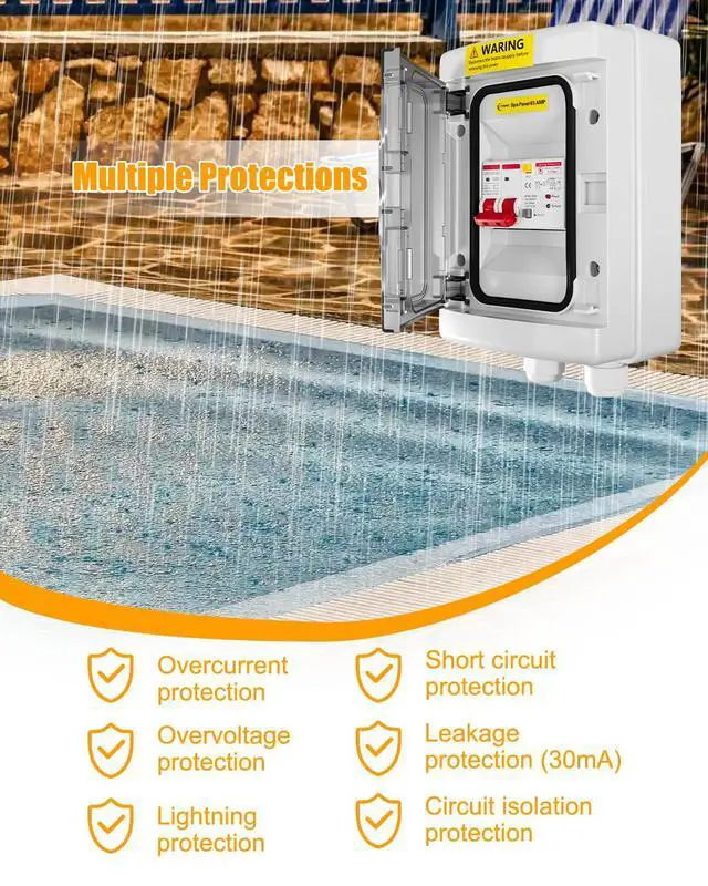 Alt view image 5 of 7 - SPA Panel Disconnect GFCI Switch, 63A Circuit Breaker Box with Surge Protection, IP66 Weatherproof Circuit Breaker Disconnect GFCI Switch for Hot Tub, Swimming Pools 120/240V