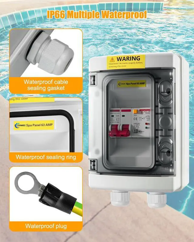 Alt view image 6 of 7 - SPA Panel Disconnect GFCI Switch, 63A Circuit Breaker Box with Surge Protection, IP66 Weatherproof Circuit Breaker Disconnect GFCI Switch for Hot Tub, Swimming Pools 120/240V