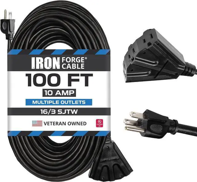 Main image of Iron Forge Cable 100 Ft Black Extension Cord with 3 Outlets - 16/3 SJTW 100 Foot Extension Cord 3 Prong, Weatherproof Exterior Power Cable for Outdoor