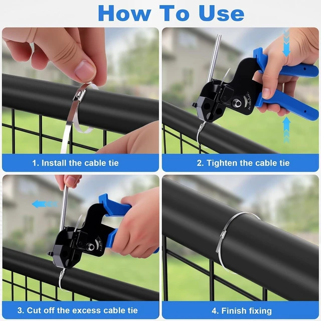 Alt view image 4 of 7 - Metal Zip Ties, Cable Tie Gun Kit Fastening and Cutting Tool - 150Pcs Stainless Steel Cable Ties in 4 Size, Suitable for Agricultural Fencing, Garden Chain Link Fence Fixing, Pipe Tying