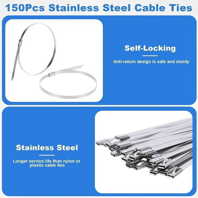Alt view image 6 of 7 - Metal Zip Ties, Cable Tie Gun Kit Fastening and Cutting Tool - 150Pcs Stainless Steel Cable Ties in 4 Size, Suitable for Agricultural Fencing, Garden Chain Link Fence Fixing, Pipe Tying