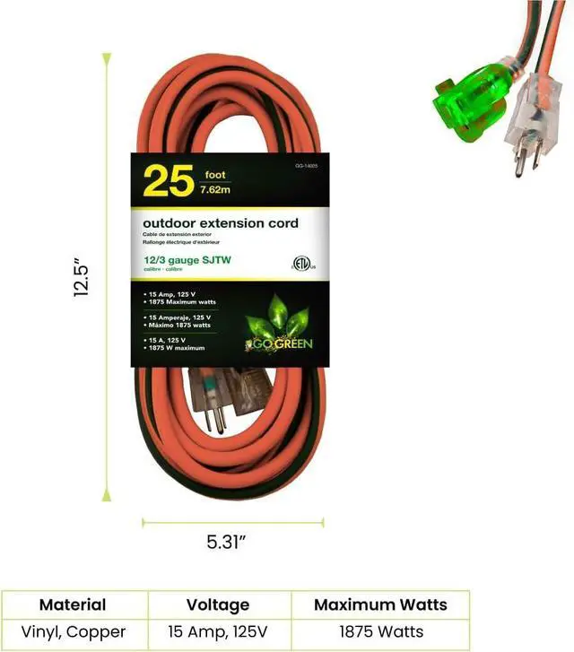 Alt view image 2 of 7 - Perfpower Go Green 12/3 SJT W-A Extension Cord, 25-Feet, Lighted Ends