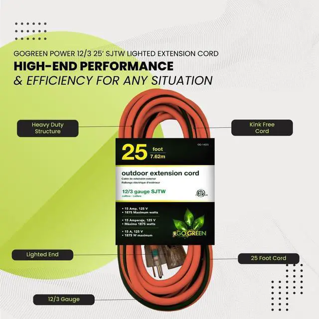 Alt view image 5 of 7 - Perfpower Go Green 12/3 SJT W-A Extension Cord, 25-Feet, Lighted Ends