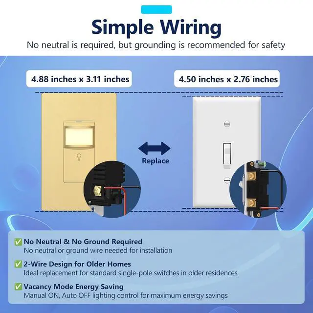 Alt view image 5 of 7 - LIDER PIR Vacancy Motion Sensor Switch with LED Guide Light, 1200 Sq. Ft. Coverage, No Neutral No Ground, Adjustable Time Delay, UL Listed, Screwless Wall Plate Included, Gold