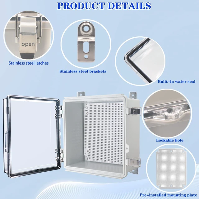Alt view image 3 of 6 - Waterproof Electrical Box, IP67 Junction Box Stainless Steel Latch Hinged Clear Cover Project Enclosure with Wall Bracket 8" x 8" x 5"