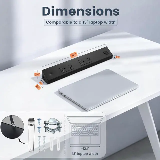 Alt view image 7 of 7 - SURAIELEC 16" Under Cabinet Power Strip Hardwired, Angled Trapezoid Design, 2×20A TR Outlets with USB-A & USB-C, Modular Extension System (No Cutting), Aluminum Housing, 125V 20A, Black, ETL Listed