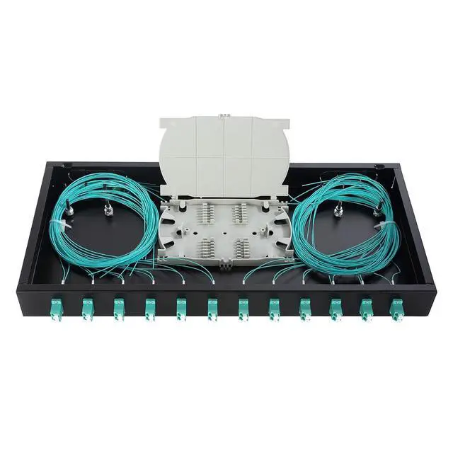Main image of 1 U 19" Racks Cabinet LC-OM3 12 Duplex 24 Port Fiber Enclosure Rack Mount Fiber Termination Box (Include 2Pcs Splice Trays 48 Strand OM3 Pigtail 1M Cables Spool+ Patch Panel