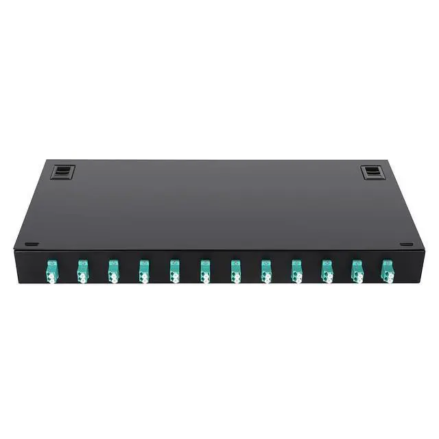 Alt view image 2 of 7 - 1 U 19" Racks Cabinet LC-OM3 12 Duplex 24 Port Fiber Enclosure Rack Mount Fiber Termination Box (Include 2Pcs Splice Trays 48 Strand OM3 Pigtail 1M Cables Spool+ Patch Panel