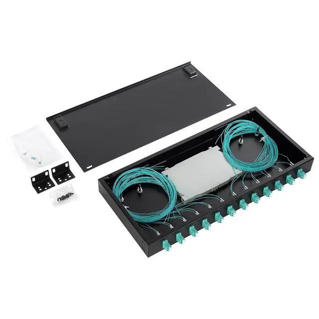 Alt view image 3 of 7 - 1 U 19" Racks Cabinet LC-OM3 12 Duplex 24 Port Fiber Enclosure Rack Mount Fiber Termination Box (Include 2Pcs Splice Trays 48 Strand OM3 Pigtail 1M Cables Spool+ Patch Panel
