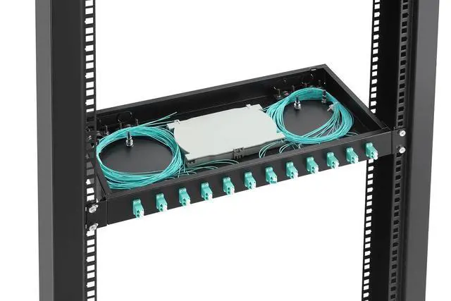 Alt view image 6 of 7 - 1 U 19" Racks Cabinet LC-OM3 12 Duplex 24 Port Fiber Enclosure Rack Mount Fiber Termination Box (Include 2Pcs Splice Trays 48 Strand OM3 Pigtail 1M Cables Spool+ Patch Panel