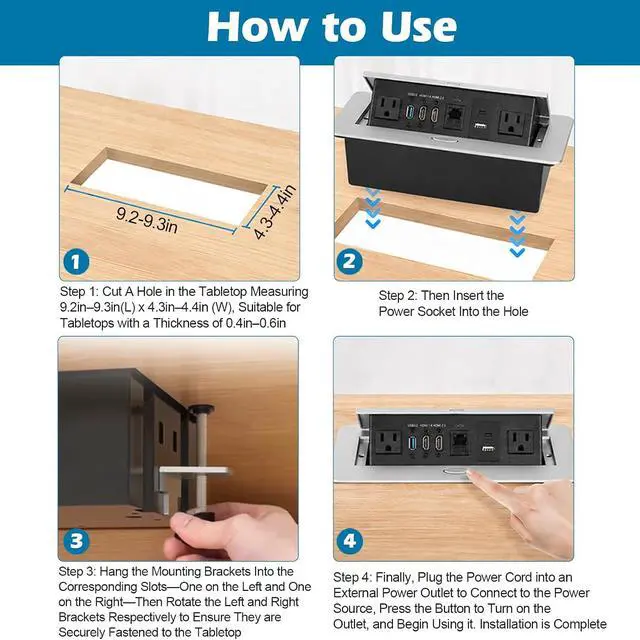 Alt view image 4 of 7 - Table Pop up Power Strip Box Desktop Pop Up Outlet Recessed Multimedia Strip Socket Conference Table Power Hub Hidden Table Connection Box with Outlet Network HDMI for Office Desk (Sliver-D)