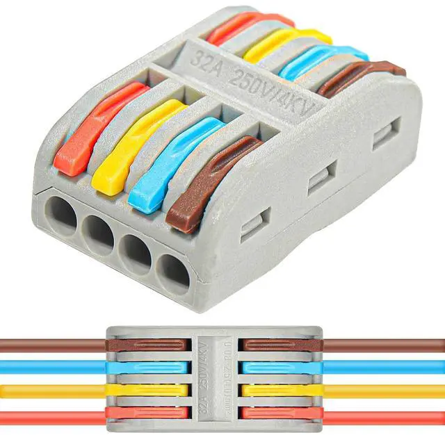 Main image of Wire Connectors Nuts, 30pcs 4 Conductor Compact Splicing Wire Connectors, 4 in 4 Out Lever Wire Nut, 4 Circuit Inline Splices 28-12 AWG