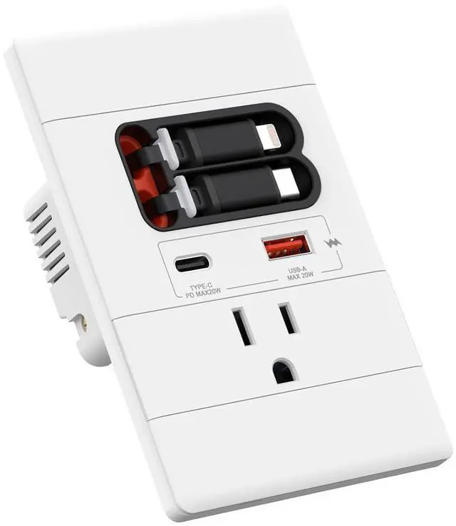 Main image of USB C Wall Outlet with GaN PD20W USB-C&USB-A&Retractable USB C/Lightning Cables,Tamper-Resistant,15A 125V,Wall Outlet for Bedside/Wall Mount tv/Sofa Table (White)