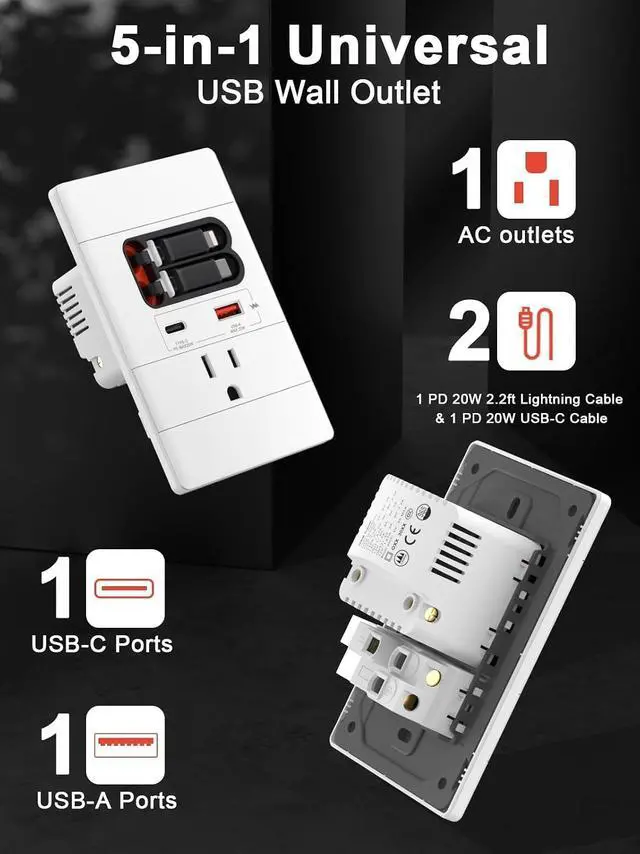 Alt view image 2 of 7 - USB C Wall Outlet with GaN PD20W USB-C&USB-A&Retractable USB C/Lightning Cables,Tamper-Resistant,15A 125V,Wall Outlet for Bedside/Wall Mount tv/Sofa Table (White)