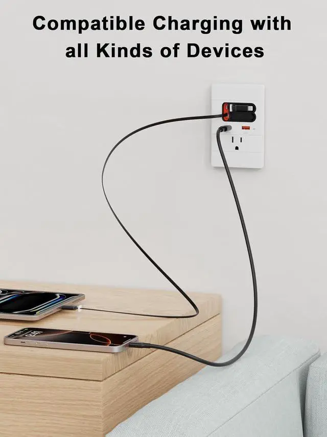 Alt view image 3 of 7 - USB C Wall Outlet with GaN PD20W USB-C&USB-A&Retractable USB C/Lightning Cables,Tamper-Resistant,15A 125V,Wall Outlet for Bedside/Wall Mount tv/Sofa Table (White)