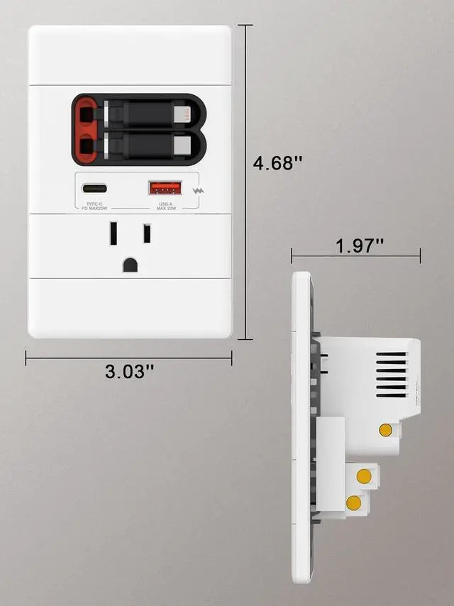 Alt view image 4 of 7 - USB C Wall Outlet with GaN PD20W USB-C&USB-A&Retractable USB C/Lightning Cables,Tamper-Resistant,15A 125V,Wall Outlet for Bedside/Wall Mount tv/Sofa Table (White)