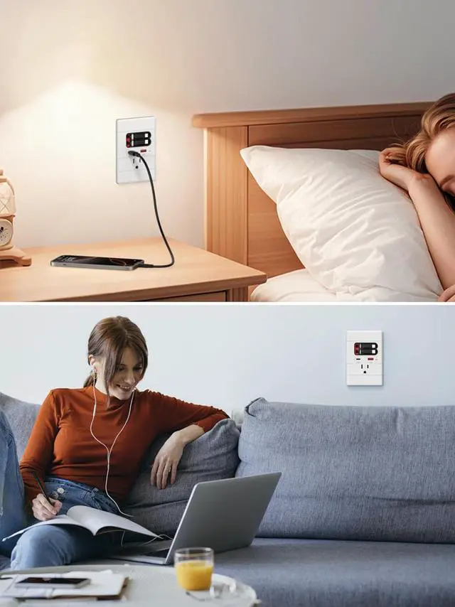 Alt view image 7 of 7 - USB C Wall Outlet with GaN PD20W USB-C&USB-A&Retractable USB C/Lightning Cables,Tamper-Resistant,15A 125V,Wall Outlet for Bedside/Wall Mount tv/Sofa Table (White)