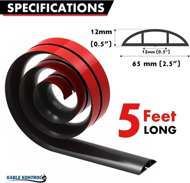 Alt view image 2 of 6 - Kable Kontrol Silicone Floor Cord Cover - 5 Ft Flexible Cord Protector, Self Adhesive, for Concealing Extension Cable, Protecting Wires, Prevents Trips 2.5in W X 0.5in H - 5 Pcs - Black