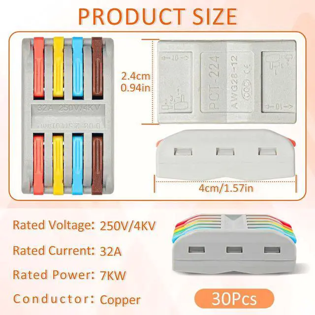 Alt view image 4 of 7 - Wire Connectors Nuts, 30pcs 4 Conductor Compact Splicing Wire Connectors, 4 in 4 Out Lever Wire Nut, 4 Circuit Inline Splices 28-12 AWG