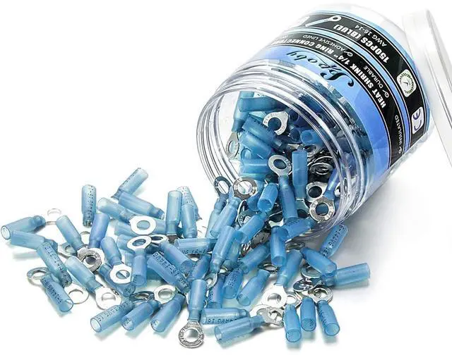 Main image of 150PCS Heat Shrink Ring Connectors 1/4" Blue 16-14 AWG - Sopoby Electrical Crimp Ring Connectors - Heat Shrink Wire Connector Kit - Automotive, Marine, Audio, Industrial
