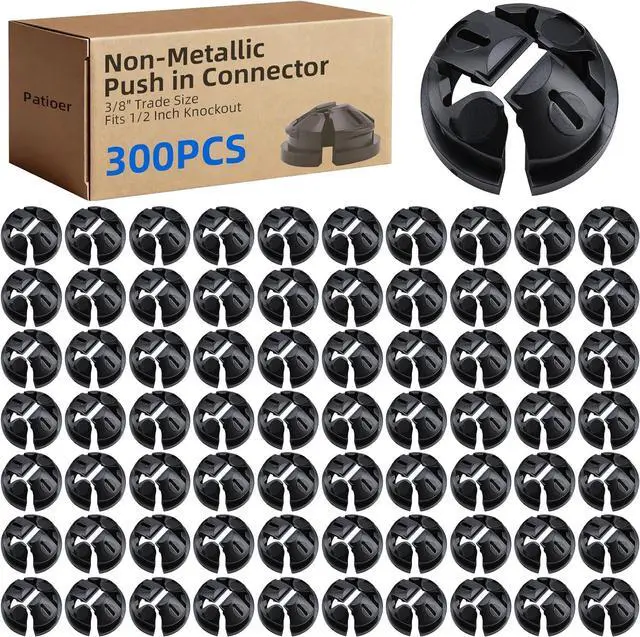 Main image of 3/8" - 1/2" Knockout Non-Metallic Push in Connector, 300pcs NM Cable Connector Electrical Conduit Fittings, Black