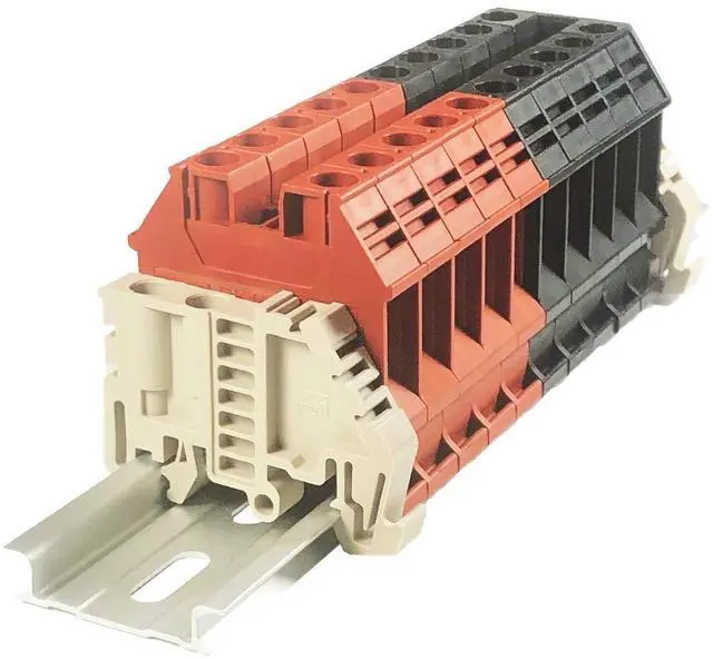 Main image of Dinkle Assembly DK10N Red/Black 10 Gang Box Connector DIN Rail Terminal Blocks, 6-20 AWG, 60 Amp, 600 Volt Separate Circuits