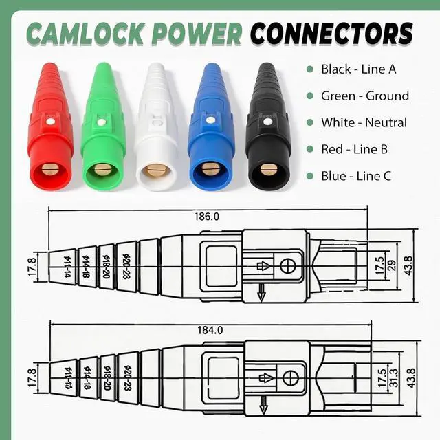 Alt view image 3 of 6 - (5 Pcs Male) CLS40 400A Camlock Connector Set, Cam Lock Fittings for Power Distro Cord, 2/0-4/0 AWG Cables, 600V Camlock Power Sockets with 5 Colors