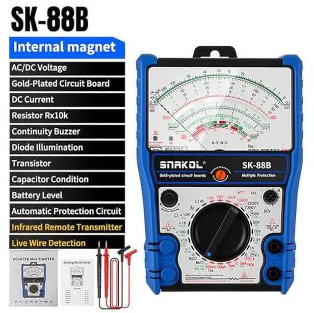 Alt view image 3 of 7 - Analog Multimeter, High Sensitivity Wide Range Handheld Tester with Silicone Cover Stand Magnet, for AC/DC Voltage Current Diode LED Testing and Electronics Repair (SK-88B)