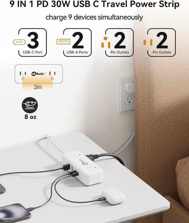 Alt view image 3 of 7 - PD30W USB C Travel Power Strip,Cruise Power Strip with 5 USB(3 USB-C) Ports and 4 Outlets, Braided Extension Cord 5Ft, 30W Fast Charging Station Compatible with MacBook Laptops iPad Pro iPhone Samsung