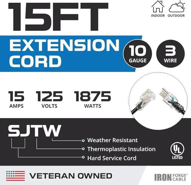 Alt view image 2 of 7 - Iron Forge Cable 15 ft Lighted Outdoor Extension Cord - 10 Gauge Heavy Duty Extension Cord Black 15 Amp with 3 Prong Grounded Plug, Weatherproof Power Cable for Outside