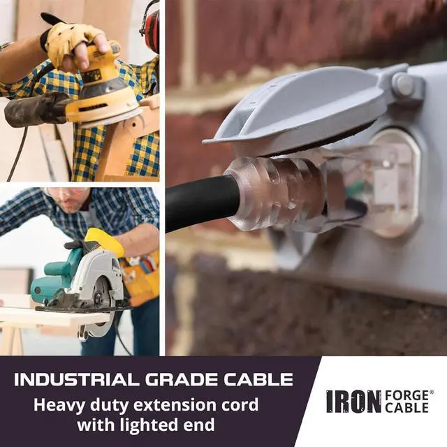 Alt view image 6 of 7 - Iron Forge Cable 15 ft Lighted Outdoor Extension Cord - 10 Gauge Heavy Duty Extension Cord Black 15 Amp with 3 Prong Grounded Plug, Weatherproof Power Cable for Outside