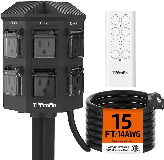 Main image of Tiffcofio Outdoor Remote Control Power Strip, 15FT Extension Cord Waterproof, Independent Control Outlets, 6 Grounded Outlets for Outdoor Decorations, 14 AWG, 15A/1875W, ETL Listed (15 FT)