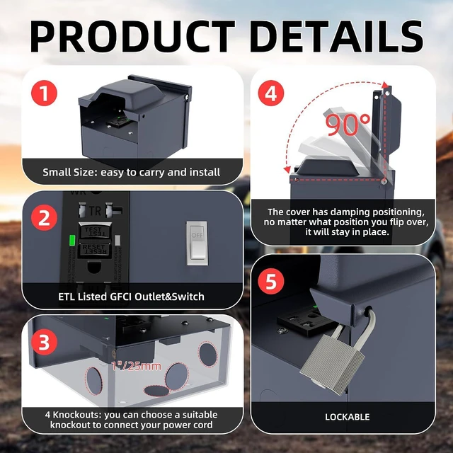Alt view image 3 of 6 - Joinfworld Outdoor Electrical Outlet Box with 20 Amp WRTR GFCI Receptacle and Switch ETL Listed Weatherproof GFCI Outlet Box with 3R Enclosure Rainproof Cover