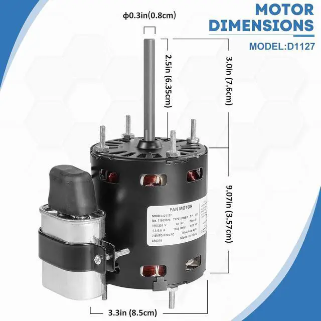 Alt view image 2 of 7 - D1127 HVAC Motor, 1/12 HP 1550 RPM, 115/230V AC, Reversible Rotation, Thermal Protection, Drip-Proof Design for Ventilation Systems