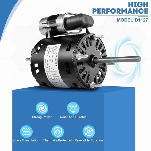 Alt view image 5 of 7 - D1127 HVAC Motor, 1/12 HP 1550 RPM, 115/230V AC, Reversible Rotation, Thermal Protection, Drip-Proof Design for Ventilation Systems